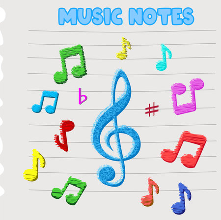 Music notes icon flat vector set isolated on black and white background. Song, melody or tune vector illustration. Music note icon for musical apps and websites. Music symbol.のイラスト素材