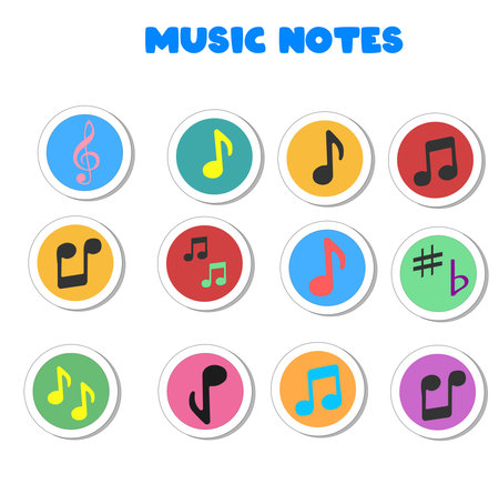 Music notes icon flat vector set isolated on black and white background. Song, melody or tune vector illustration. Music note icon for musical apps and websites. Music symbol.のイラスト素材