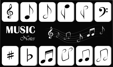 Music notes icon flat vector set isolated on black and white background. Song, melody or tune vector illustration. Music note icon for musical apps and websites. Music symbol. Musiのイラスト素材