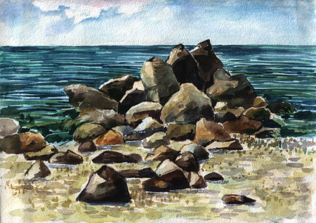 Sea stones - watercolor pictureの写真素材