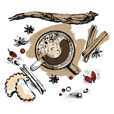 illustration hot coffee cup, spices and cookiesの写真素材