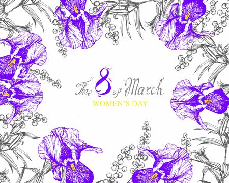 white background flowers composition frame with irises, lilies and mimosaの写真素材