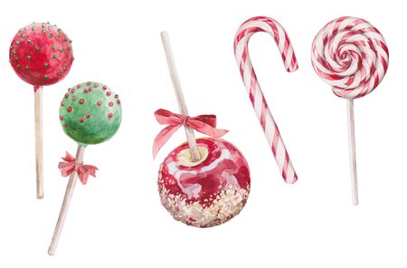 set watercolor illustration Christmas candy stripedの写真素材