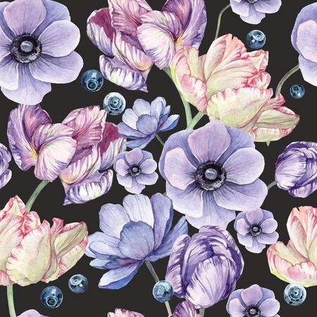 watercolor background black pattern with tulip, bud, blue anemone, blueberriesの写真素材