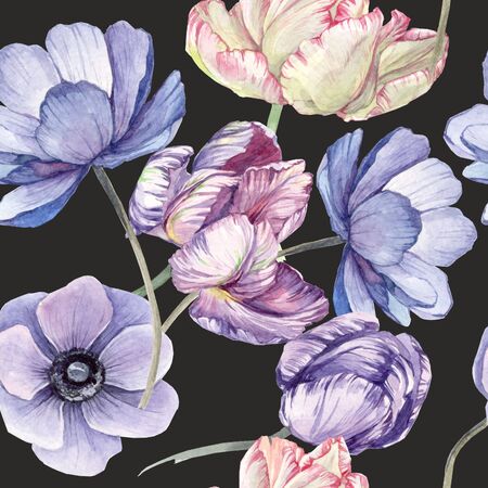 watercolor background black pattern with tulip, bud, blue anemoneの写真素材
