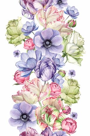 watercolor background pattern with tulip, bud, anemone, rose white and pinkの写真素材