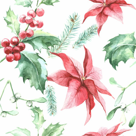 watercolor pattern New Years, Christmas branches poinsettia, holly with berries, mistletoeの写真素材