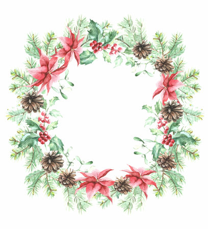 watercolor frame Christmas branches poinsettia, holly with berries, mistletoe, spruceの写真素材