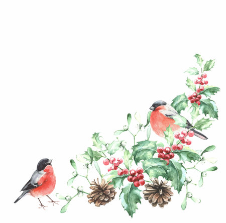 watercolor frame New Years, Christmas branches poinsettia, holly with berries, mistletoe, bullfinchの写真素材