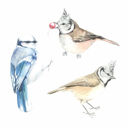 bird set watercolor titmouse forest white and crestedの写真素材