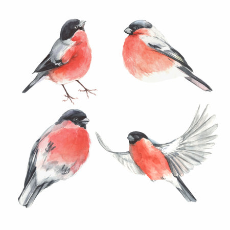 set of birds watercolor bullfinch forestの写真素材
