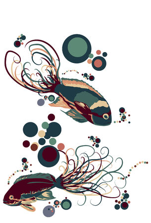 Two ornate illustrated fish swimming with bubbles.のイラスト素材