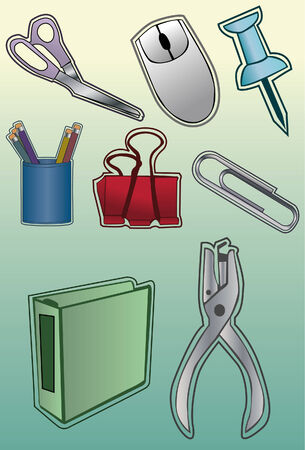 A set of office supplies done in a hand drawn style. Some linear gradients used. Line art is separate from fill, very easy to change colors. Each item is grouped on its own layer. のイラスト素材