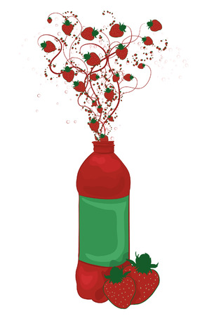 Illustration of a bottle with strawberries and swirls coming out of the top. Large strawberries at bottom, bottle, swirls, medium berries, small berries and bubbles are all located on their own layers for ease of use. のイラスト素材