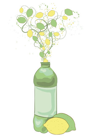Illustration of a bottle with lemons, limes and swirls coming out of the top. Large fruit at bottom, bottle, swirls, medium fruit, small fruit and bubbles are all located on their own layers for ease of use. のイラスト素材