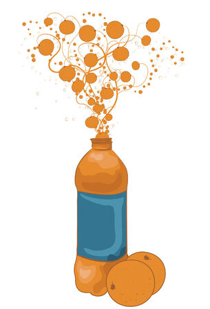 Illustration of a bottle with oranges and swirls coming out of the top. Large fruit at bottom, bottle, swirls, medium fruit, small fruit and bubbles are all located on their own layers for ease of use. のイラスト素材
