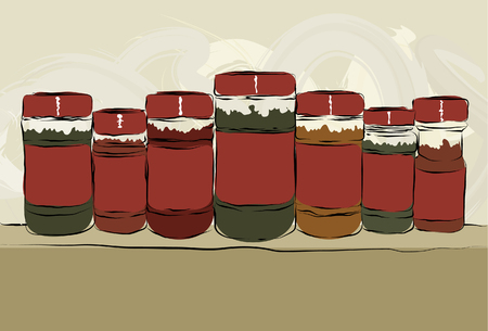 Collection of messy, hand drawn spice bottles lined up with copy space on labels. Outlines, color fill, paint strokes and background are all on separate layersのイラスト素材
