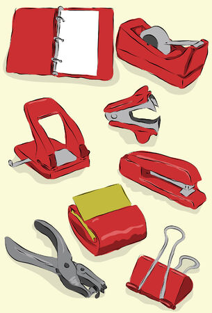 Messy stylized office supplies. Each item is on its own layer, background is also on its own layer. Easy to change colors. のイラスト素材