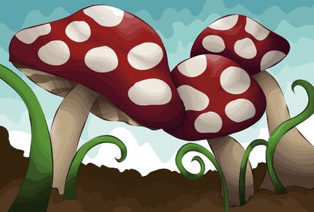 Hand drawn illustrated group of mushrooms. Each mushroom, grass, dirt and sky are all on separate layers. のイラスト素材