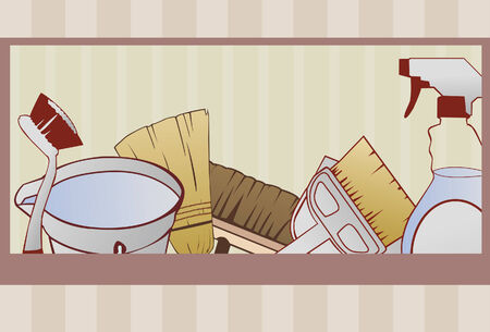 A cleaning supply background done in a hand drawn style. Some linear gradients used. Cleaning items are grouped on same layer. Red border and background are on separate layers. Items are complete and cropped via clipping mask. のイラスト素材