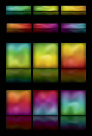 Note: Gradient Meshes are used. This is a set of glowing colorful rounded rectangle buttons on a black background with reflection.のイラスト素材