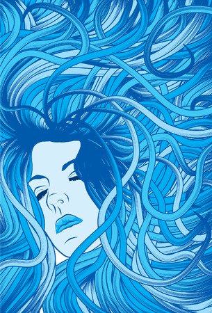 Woman's face with long detailed flowing blue hairのイラスト素材