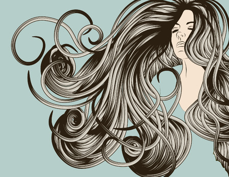Woman's face with detailed flowing hairのイラスト素材
