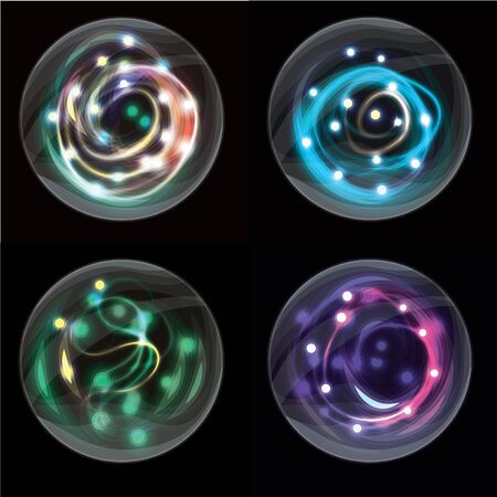 Collection of transparent glass orbs with glowing swirlsの写真素材