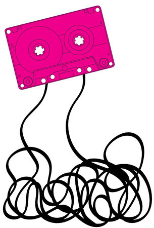 Pink music cassette with jumbled mess of tape belowのイラスト素材