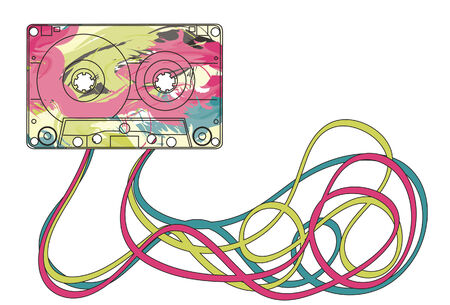 colorful music cassette with jumbled mess of tape belowのイラスト素材