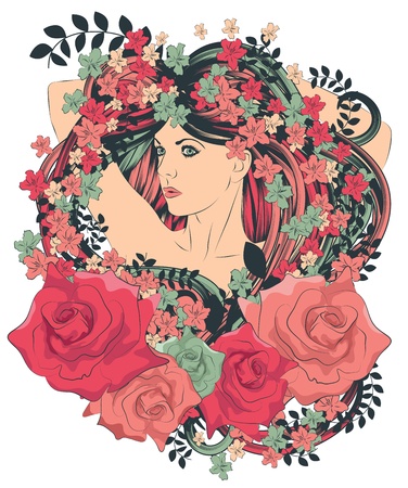 Woman with long flowing hair surrounded by flowersのイラスト素材