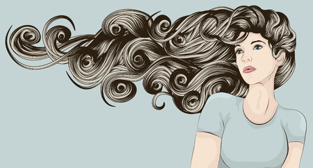 Beautiful woman with long curly hair blowing in the windのイラスト素材