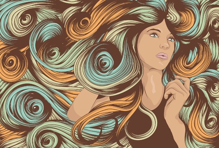 Beautiful woman with long swirling hairのイラスト素材