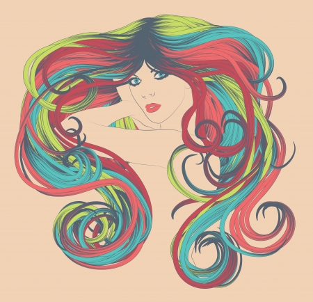 Woman s face with curly and bright, colorful long rainbow hairのイラスト素材
