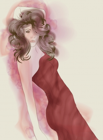 Beautiful painted fashion woman in red dress のイラスト素材