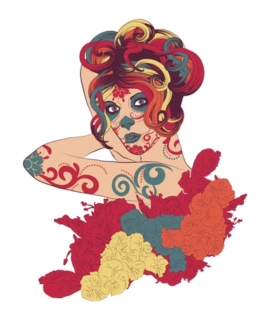 Bright and colorful Sugar Skull Lady with face paint for Day of the Dead のイラスト素材