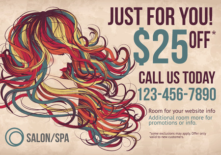 Salon postcard with coupon discount advertisement showing beautiful woman with long colorful hairのイラスト素材
