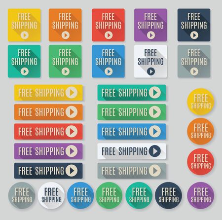 Set of flat web buttons with call to action text.  Free Shipping buttons feature popular color palette for flat UI designs and long drop shadows.のイラスト素材
