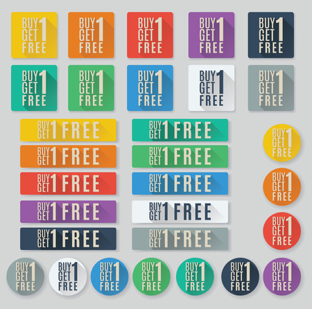 Set of flat web buttons with call to action text.  Buy one get one free or BOGO buttonsのイラスト素材