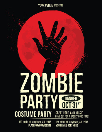 Zombie Party Flyer with Illustration of Zombie Hand in Blood Moonのイラスト素材