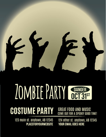 Halloween party invitation with zombie hands coming up out of the ground in front of a full moon.のイラスト素材