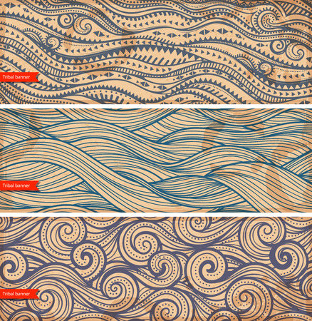 Vintage set of banners with ethnic waves  のイラスト素材