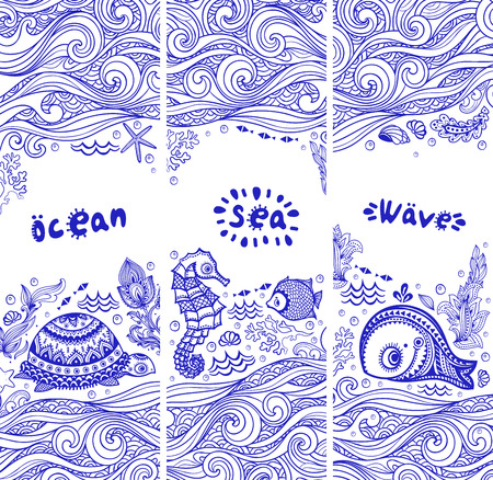 Vector set of banners with fish and shells  のイラスト素材