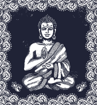 Vintage vector illustration with Buddha in meditationのイラスト素材