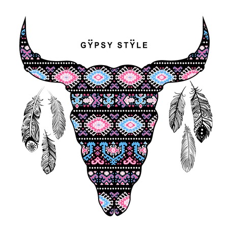 Vector Tribal animal skull illustration with ethnic ornamentsのイラスト素材