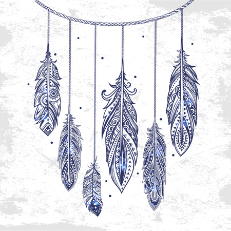 Vintage vector ethnic tribal feather seamless. Bohemian style.のイラスト素材