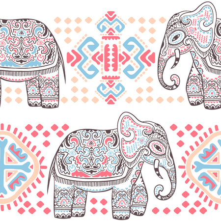 Vintage vector Indian elephant seamless pattern with tribal ornaments.のイラスト素材