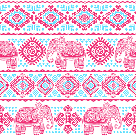 Vintage vector Indian elephant seamless pattern with tribal ornaments.のイラスト素材