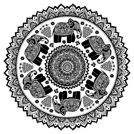 Vintage Indian elephant with tribal ornaments. Floral mandala greeting card.のイラスト素材