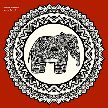 Vintage Indian elephant with tribal ornaments. Floral mandala greeting card.のイラスト素材